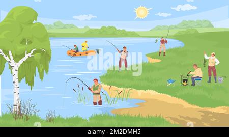 People engaged fishing on river bank flat vector Stock Vektor