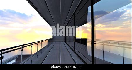 Exklusives Design des futuristischen Balkons aus Stahl und Glas. Die Leere spiegelt sich in großen energieeffizienten Fenstern wider. 3D-Rendering. Stockfoto