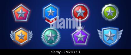 Game level icons, silver medals, stars, ui badges with wings, laurel and crown. Isolated award trophy for user experience and ranking. Bonus, reward, Stock Vector