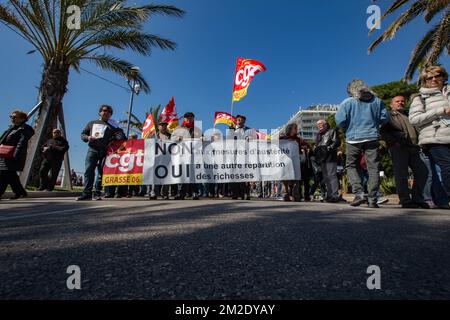 Demonstration in Nizza im Rahmen des Nationalstreiks in Frankreich in vielen Bereichen wie dem öffentlichen Dienst, der nationalen Bildung, dem Verkehr, der Krankenhausfunktion usw. | Manifestation à Nice dans le cadre de la grève nationale en France dans de très nombreux secteurs comme dans la fonction publique, éducation nationale, Transports, fonction hospitalière entre autres. 22/03/2018 Stockfoto