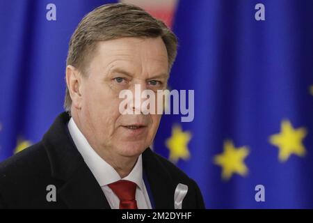 Prime Minister of Latvia Maris Kucinskis arrives at an EU summit meeting, Thursday 22 March 2018, at the European Union headquarters in Brussels. BELGA PHOTO THIERRY ROGE Stock Photo