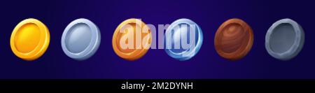Spielknöpfe, runde Rahmen oder zeichentrickdesign mit symbolen auf benutzeroberflächenebene. Leere Abzeichen oder Münzen aus Gold, Silber, Bronze, Stein, Glas und Holz. Einzelpreis, Wiedereinstieg Stock Vektor