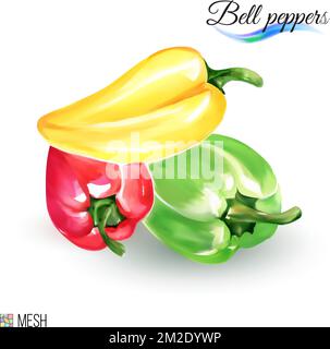 Three Bright Color Ripe Bell Peppers with Green Stem, One Green, One Yellow and Red Isolated on White Backdrop. Watercolor Hand Drawn Illustration Org Stock Vector