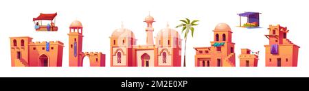 Ancient arab city isolated set, arabic buildings, architecture, dwellings, market stalls, stone houses with domes, stairs, arched windows and doors on Stock Vector