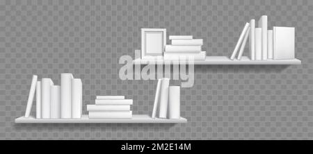 Books stacks on shelves for home interior. Bookshelves with paper literature in blank white covers in rows and piles and empty picture frame, vector r Stock Vektor