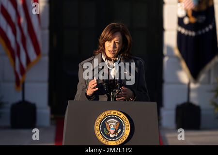 United States Vice President Kamala Harris speaks before US President Joe Biden arrives for a ceremony to sign the Respect for Marriage Act on the South Lawn of the White House in Washington, DC on Tuesday, December 13, 2022. Credit: Chris Kleponis/Pool via CNP Stock Photo