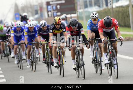 Belgischer Oliver Naesen von AG2R La Mondiale, belgischer Greg Van Avermaet von BMC Racing Team, belgischer Wout van Aert und belgischer Jasper De Buyst von Lotto Soudal, die während der 80.. Ausgabe des Radrennen Gent-Wevelgem in Aktion gezeigt wurden, 251,1 km von Deinze, in der Nähe von Gent, nach Wevelgem, Sonntag, 25. März 2018. BELGA-FOTOPOOL NICO VEREECKEN Stockfoto