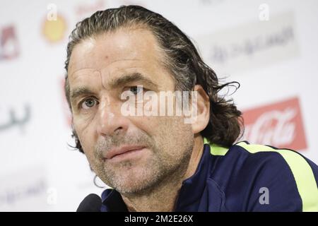 Saudi-Arabiens Cheftrainer Juan Antonio Pizzi, der auf einer Pressekonferenz der saudischen Fußballnationalmannschaft, bei den Vorbereitungen für das Freundschaftsspiel zwischen den Roten Teufeln und Saudi-Arabien am Montag, den 26. März 2018 in Brüssel abgebildet wurde. BELGA FOTO THIERRY ROGE Stockfoto