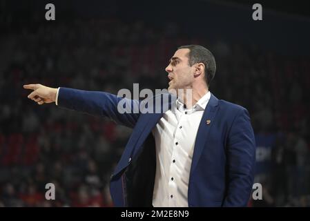 Antwerpens Cheftrainer Roel Moors reagiert während des Basketballspiels zwischen Spirou Charleroi und Antwerpen Giants am 25. Tag des EuroMillions League Basketballwettbewerbs, Freitag, den 06. April 2018 in Charleroi. BELGA FOTO JOHN THYS Stockfoto