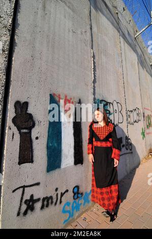 Eine Palästinenserin Standby Barriere von der israelischen Regierung gebaut. Die Wand ist mit der palästinensischen Flagge gemalt. Stockfoto