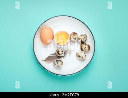 Eggs. Healthy food on color background. Top view. Stockfoto