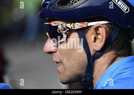 Spanischer Alejandro Valverde vom Movistar Team, das vor dem Start der 104rth. Ausgabe des eintägigen Radrennen Lüttich-Bastogne-Lüttich am Sonntag, den 22. April 2018, 258 km in Lüttich abgebildet ist. BELGA FOTO ERIC LALMAND Stockfoto