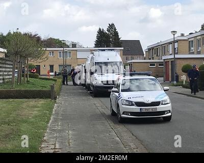 Police pictured during the reconstruction of a murder in Kleerroos, Herentals, Thursday 26 April 2018. A young mother of two was killed at her home by her partner on 13 March 2018. BELGA PHOTO PHOTOGRAPHER  Stock Photo