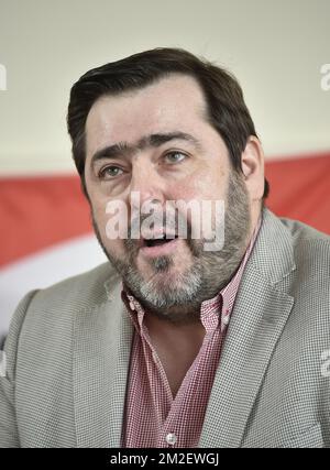 CGSP-Generalsekretär Patrick Lebrun spricht anlässlich eines Treffens der französischsprachigen sozialistischen Gewerkschaft CGSP Namur in Namur am 1. Mai, Internationaler Arbeitstag, Dienstag, den 01. Mai 2018. BELGA FOTO JOHN THYS Stockfoto