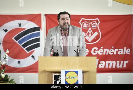 CGSP-Generalsekretär Patrick Lebrun spricht anlässlich eines Treffens der französischsprachigen sozialistischen Gewerkschaft CGSP Namur in Namur am 1. Mai, Internationaler Arbeitstag, Dienstag, den 01. Mai 2018. BELGA FOTO JOHN THYS Stockfoto