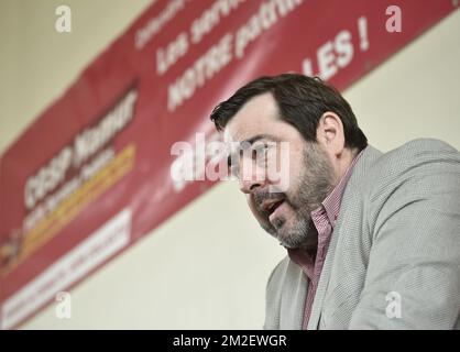 CGSP-Generalsekretär Patrick Lebrun spricht anlässlich eines Treffens der französischsprachigen sozialistischen Gewerkschaft CGSP Namur in Namur am 1. Mai, Internationaler Arbeitstag, Dienstag, den 01. Mai 2018. BELGA FOTO JOHN THYS Stockfoto