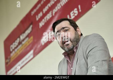 CGSP-Generalsekretär Patrick Lebrun spricht anlässlich eines Treffens der französischsprachigen sozialistischen Gewerkschaft CGSP Namur in Namur am 1. Mai, Internationaler Arbeitstag, Dienstag, den 01. Mai 2018. BELGA FOTO JOHN THYS Stockfoto