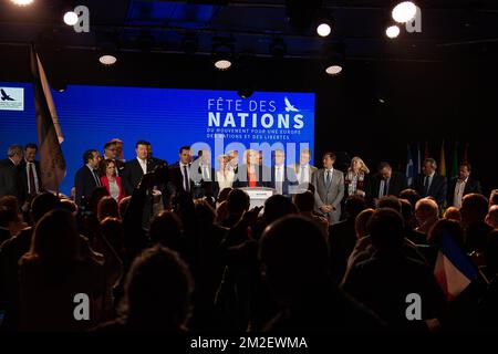 Im Mai 1. marschierte Marine entgegen seinen Gewohnheiten nicht in Paris, sondern ernannte seine Aktivisten in Nizza anlässlich des von der Bewegung Europa der Nationen und Freiheiten (MENL) veranstalteten Treffens. | Pour le 1er Mai Contracirement à ses habitudes, Marine ne défilait pas à Paris, mais à donné rendez vous à ses militants à Nice, à l' occasion de la réunion organisée par le Mouvement Europe des Nations et des libertés (MENL) . 01/05/2018 Stockfoto