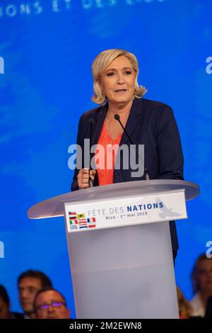 Im Mai 1. marschierte Marine entgegen seinen Gewohnheiten nicht in Paris, sondern ernannte seine Aktivisten in Nizza anlässlich des von der Bewegung Europa der Nationen und Freiheiten (MENL) veranstalteten Treffens. | Pour le 1er Mai Contracirement à ses habitudes, Marine ne défilait pas à Paris, mais à donné rendez vous à ses militants à Nice, à l' occasion de la réunion organisée par le Mouvement Europe des Nations et des libertés (MENL) . 01/05/2018 Stockfoto
