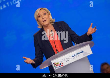 Im Mai 1. marschierte Marine entgegen seinen Gewohnheiten nicht in Paris, sondern ernannte seine Aktivisten in Nizza anlässlich des von der Bewegung Europa der Nationen und Freiheiten (MENL) veranstalteten Treffens. | Pour le 1er Mai Contracirement à ses habitudes, Marine ne défilait pas à Paris, mais à donné rendez vous à ses militants à Nice, à l' occasion de la réunion organisée par le Mouvement Europe des Nations et des libertés (MENL) . 01/05/2018 Stockfoto