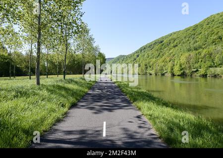 Die Voie Verte entlang der Maas ist eine Fußgängerzone und ein Radweg zwischen Givet und Charleville-Meziere La voie verte trans-ardenne entre Givet et Charleville-Meziere Longe la Meuse. La voie est prevue pour permettre aux cyclistes et aux pietons d'emprunter la voie en toute securite. 05/05/2018 Stockfoto