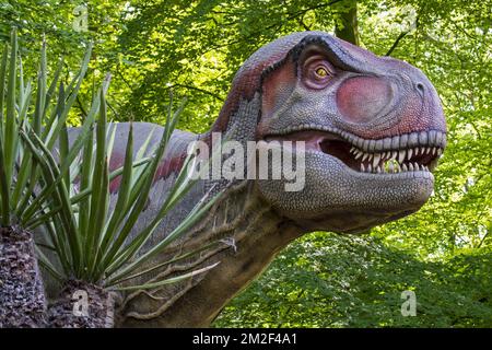 Realistische lebensnachbildung des Tyrannosaurus rex, des coelurosaurianischen Theropod Dinosaurus aus der Maastrichtianischen Zeit der oberen Kreidezeit | Réplique de tyrannosaure, Dinosaure du partie supérieure du Maastrichtien, dernier étage du système Crétacé 09/05/2018 Stockfoto