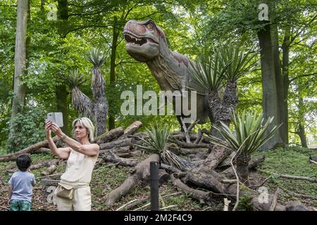 Frau mit Kind macht Selfie mit Smartphone vor Tyrannosaurus rex, Coelurosaurianer Theropod Dinosaurier der oberen Kreidezeit | Réplique de tyrannosaure, Dinosaure du partie supérieure du Maastrichtien, dernier étage du système Crétacé 09/05/2018 Stockfoto