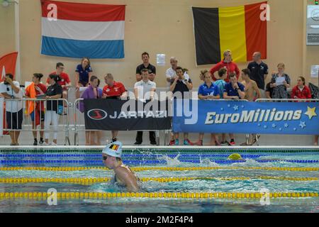 Illustrationsbild, aufgenommen am zweiten Tag der belgischen Schwimmmeisterschaft, Freitag, den 11. Mai 2018, in Sint-Amandsberg, Gent. BELGA FOTO LUC CLAESSEN Stockfoto