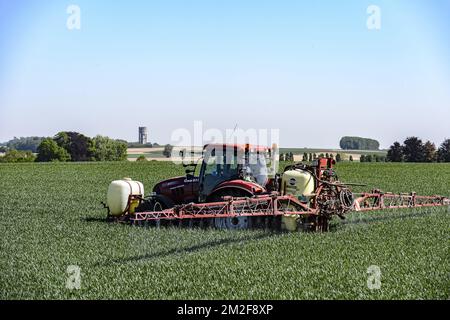 Ein Traktor mit einem gezogenen Sprüher besprüht das Feld mit einer Fungizidbehandlung | UN tracteur pulverise son Champ a l'aide d'un Traitement fongicide traitant certaines maladies fongiques sur la production 08/05/2018 Stockfoto