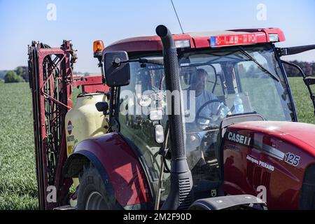 Ein Traktor mit einem gezogenen Sprüher besprüht das Feld mit einer Fungizidbehandlung | UN tracteur pulverise son Champ a l'aide d'un Traitement fongicide traitant certaines maladies fongiques sur la production 08/05/2018 Stockfoto