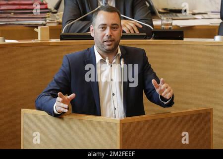 Maxime Prevot von CDH, abgebildet auf einer Plenartagung des Wallonischen Parlaments in Namur am Mittwoch, den 23. Mai 2018. BELGA FOTO THIERRY ROGE Stockfoto