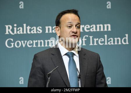 Irish Taoiseach Leo Varadkar (Prime Minister) pictured during a press conference after a diplomatic meeting in Dublin, Ireland, Thursday 24 May 2018. The Belgian PM is on a two days working visit in London and Dublin. BELGA PHOTO DIRK WAEM  Stock Photo