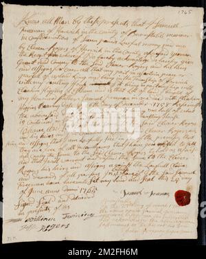 Deed of property in Harwich sold to Eleaser Rogers by Samuel Freeman of Harwich ,. Stanley Smith Deed Collection Stock Photo