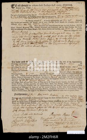 Deed of property in Harwich sold to Eleazer Rogers by Benjamin Rogers of Harwich ,. Stanley Smith Deed Collection Stock Photo