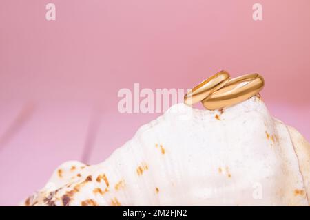 Two gold wedding rings on large shell on blurred pink background. Copy space Stock Photo