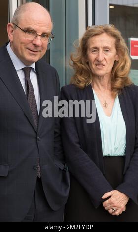 Minister of Justice Koen Geens and French Justice Minister Nicole Belloubet Gerard Collomb pictured ahead of a bilateral meeting between French and Belgian Prime Ministers regarding the cooperation between the two countries for more interior security and the fight against terrorism, Monday 11 June 2018, in Paris, France. BELGA PHOTO BENOIT DOPPAGNE Stock Photo