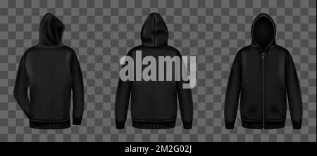 Black sweatshirt with zipper, hood and pockets front and back view. Vector realistic mockup of male zip hoodie with long sleeve. Man silhouette in street wear, urban style sport shirt Stock Vector