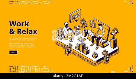 Arbeiten und entspannen isometrische Landing Page, Geschäftsleute arbeiten auf Laptop sitzen auf Bank im Park und meditieren in Lotushaltung zwischen Pflanzen. Yoga Entspannung im Büro, 3d Vektor Linie Kunst Web Banner Stock Vektor