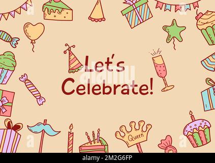 Grußkarte zum Geburtstag und Vorlagen für Einladungen zu Partys. Flache Vektorgrafik im handgezeichneten Stil Stock Vektor