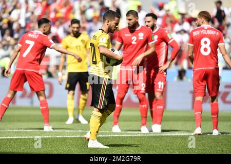 Eden Hazard aus Belgien bildete während des zweiten Spiels der belgischen Fußballnationalmannschaft die Red Devils gegen die tunesische Nationalmannschaft im Spartak-Stadion in Moskau (Russland) am Samstag, den 23. Juni 2018. Belgien hat sein erstes Gruppenspiel gewonnen. BELGA FOTO DIRK WAEM Stockfoto