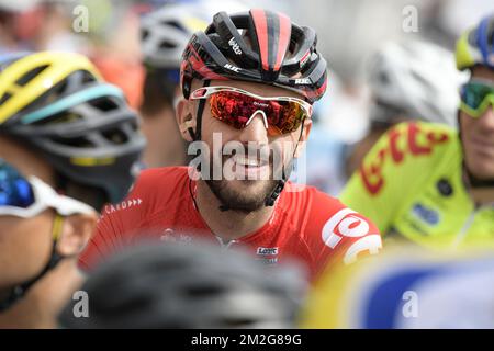 Die belgische Jelle Vanendert von Lotto Soudal wurde vor dem Start der belgischen Radmeisterschaft der männlichen Elite in Binche, einem 223,6 km langen Rennen, am Sonntag, den 24. Juni 2018, in Binche gefilmt. BELGA FOTO YORICK JANSENS Stockfoto