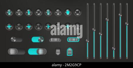 Bedientaste mit Neon-Hintergrundbeleuchtung. Media-Player-Schnittstelle, Musik- oder Videoleiste, Wiedergabe, Weiter, Stopp, Pause-Zeichen. UI-Navigationsschalter ein, aus, Lautstärke, Equalizer oder Schieberegler, realistisches 3D-Vektorset Stock Vektor