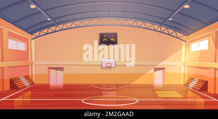 Basketball court interior, sports arena or hall for team games with hoop, wooden floor, scoreboard and empty fan sector seats. Indoor stadium illuminated with sunlight, cartoon vector illustration Stock Vector