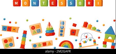 Montessori Bildung Logik Spielzeug. Kinder Holzspielzeug für Kinder im Vorschulalter. Montessori-System für die frühkindliche Entwicklung. Banner mit mehrfarbigen Stock Vektor
