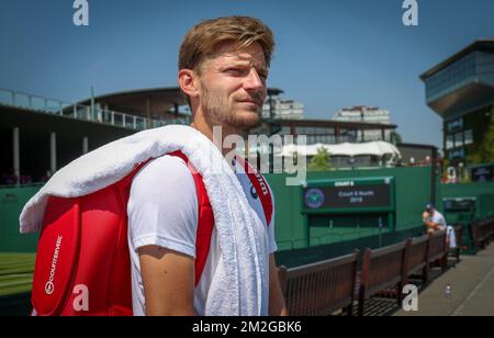 Der belgische David Goffin kommt am Donnerstag, den 28. Juni 2018, zu einem Training vor dem Grand Slam Tennis Turnier 2018 in Wimbledon im All England Tennis Club im Südwesten Londons, Großbritannien. Die Haupttische des Wimbledon-Turniers beginnen am 2. Juli. BELGA PHOTO VIRGINIE LEFOUR Stockfoto