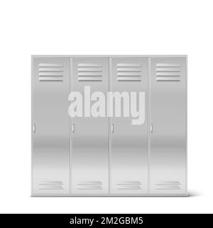 Steel lockers, vector school or gym changing room metal cabinets. Row of grey storage furniture with closed doors in college, university, office isolated on white background, Realistic 3d illustration Stock Vector