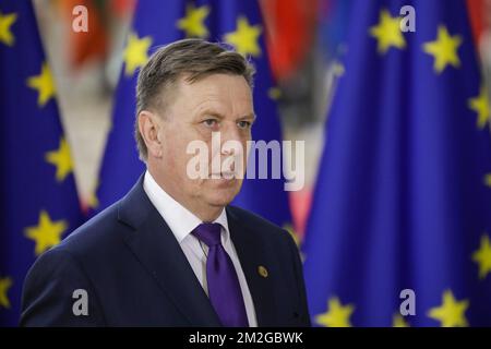 Der lettische Ministerpräsident Maris Kucinskis wurde auf einem EU-Gipfeltreffen am Donnerstag, den 28. Juni 2018, am Sitz der Europäischen Union in Brüssel fotografiert. BELGA FOTO THIERRY ROGE Stockfoto