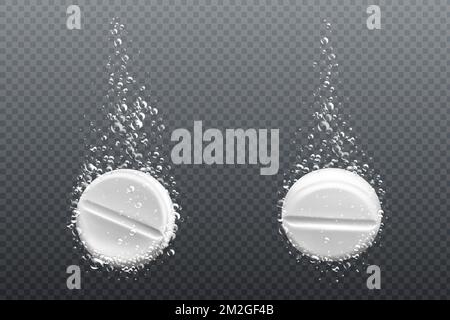 Brausetablette zur Herstellung einer Lösung zum Einnehmen mit Blasen in Wasser, isoliert auf transparentem Hintergrund. Vektorrealistisches Modell der weißen Pille, des auflösenden Medikaments, des Antibiotikums oder des Vitamins Stock Vektor