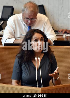 PS' Christie Morreale pictured during a plenary session of the Walloon Parliament in Namur, Wednesday 04 July 2018. BELGA PHOTO ERIC LALMAND Stock Photo