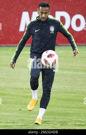 Brazil's Neymar pictured in action during a training session of the Brazil national soccer team in Kazan, Russia, Thursday 05 July 2018. Tomorrow they will meet Belgian national team the Red Devils in the quarter-finals of the FIFA World Cup 2018. BELGA PHOTO LAURIE DIEFFEMBACQ Stock Photo